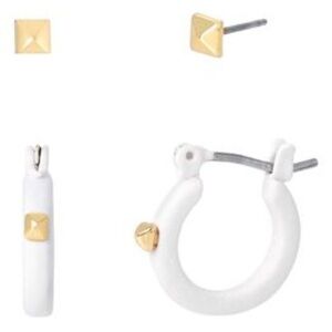 AllSaints Set of 2 Huggie and Square Stud Earrings White Eamel Gold Tone Brass